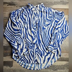 Orlinn Paris Blue and White Zebra pattern Blouse Ruffle Neck & Cuffs